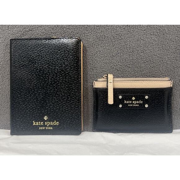 Kate Spade Grove Street Adi Card Wallet Passport Holder Set Black Cream Leather - Picture 1 of 11